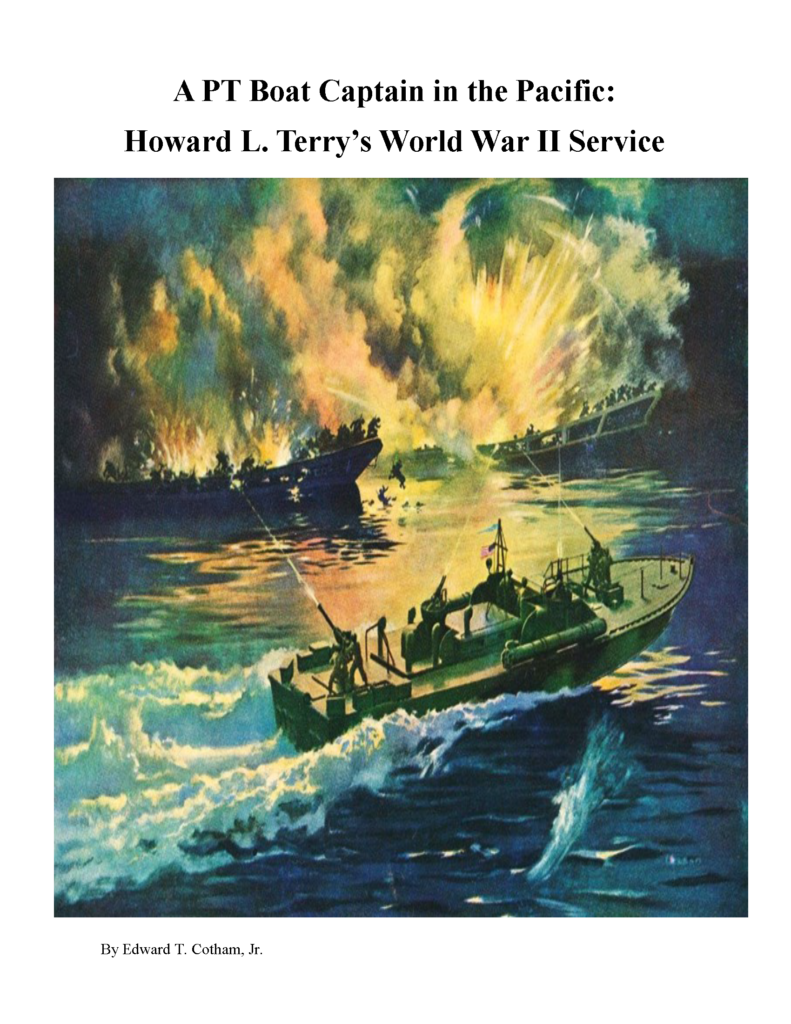 The cover illustration of a book. A painted depiction of  World War Two navy boats engaged in battle.